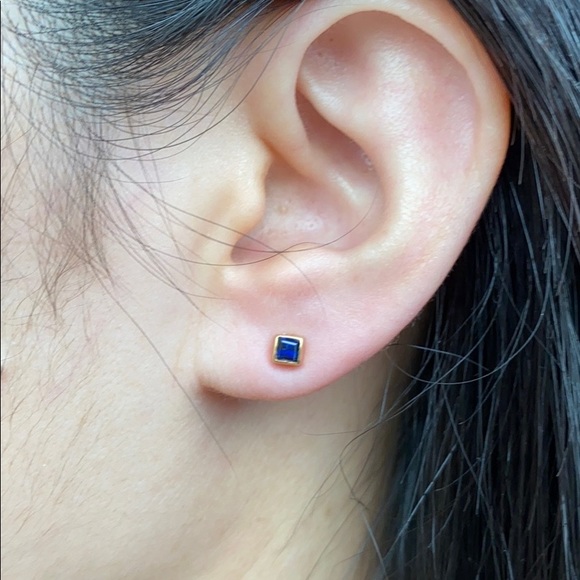 14K Solid Gold Mini Square Blue Stud Earrings